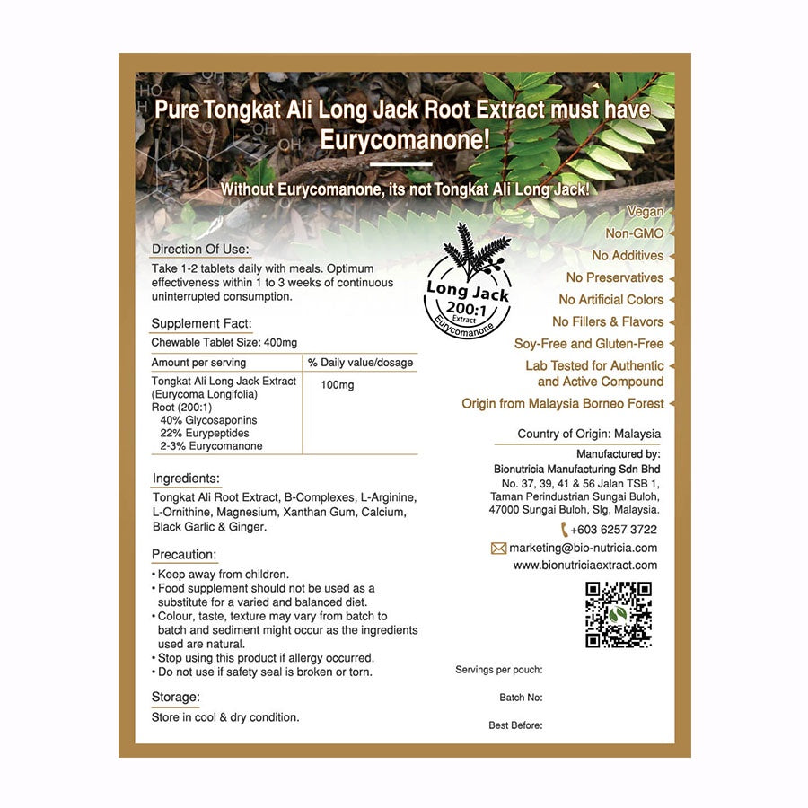 Tongkat Ali Extract Tablet 2-3% Eurycomanone Ginger & Guarana Men Energy Supplement (400mgx30Tabs)